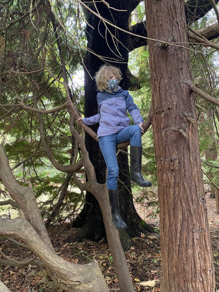 Picture of tween blond girl with mask on sitting in a tree